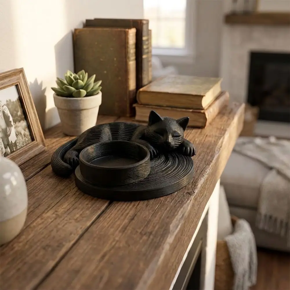 3D Printed Cat Candle Stand Plastic Ring-Shaped Cat Candle Holder Kitten Sleeping Ornament Cute Cat Sculpture Mantel Fireplace