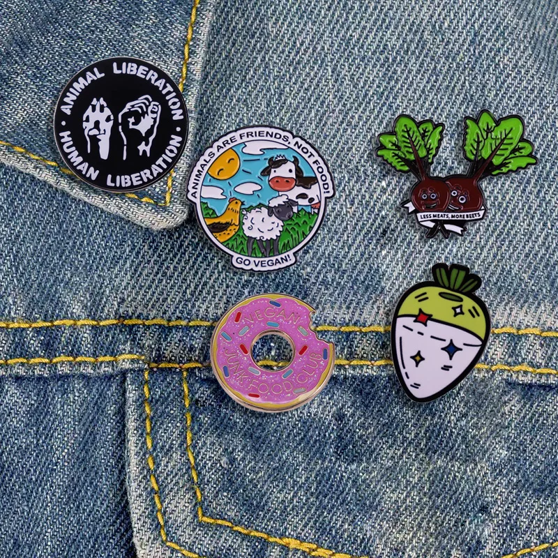 High Quality Vegan Enamel Pin Funny Plant Animal Food Badge Radish Avocado Brooch Women's Fashion Clothes Bag Pin Accessories