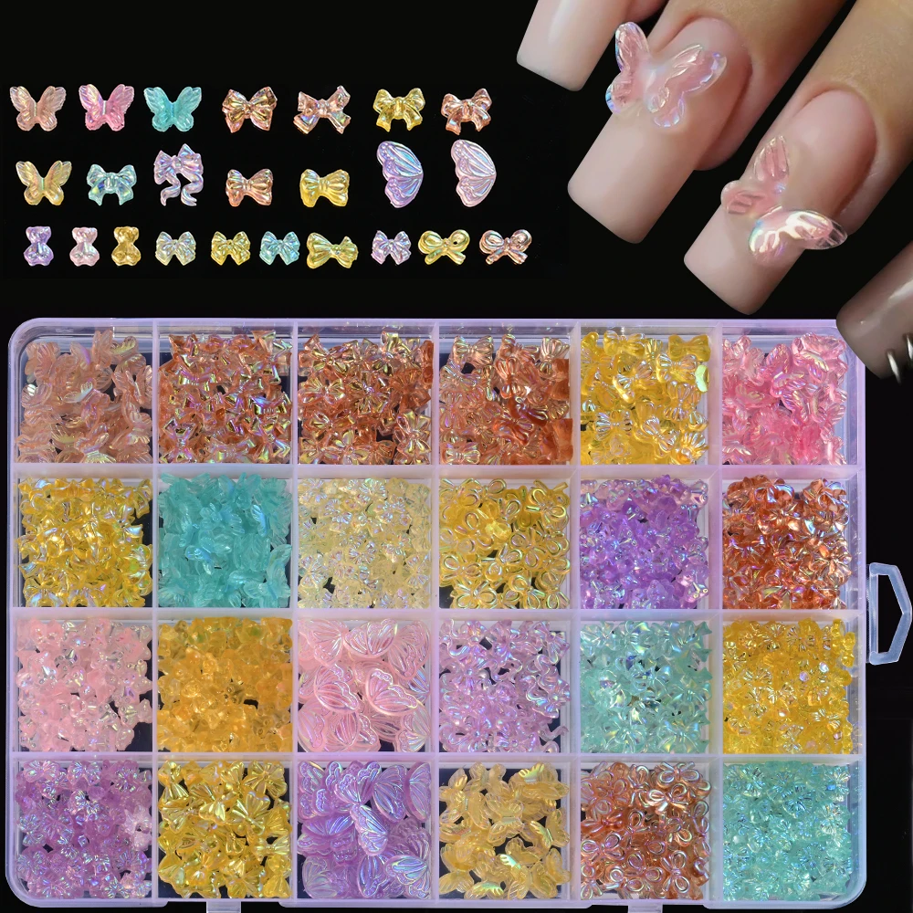 

24 сетки/коробка, 3D смешанная смола, красочные бабочки, принадлежности для дизайна ногтей, цвет макарон, прозрачный бант, подвеска для ногтей, сделай сам, розетка, часть ногтя