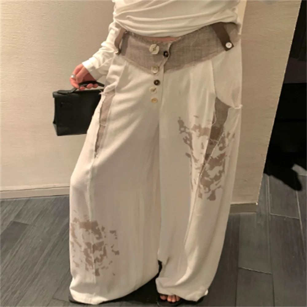 

splicing print causal trousers girls loose straight tube wide-leg trousers high waist floor trousers