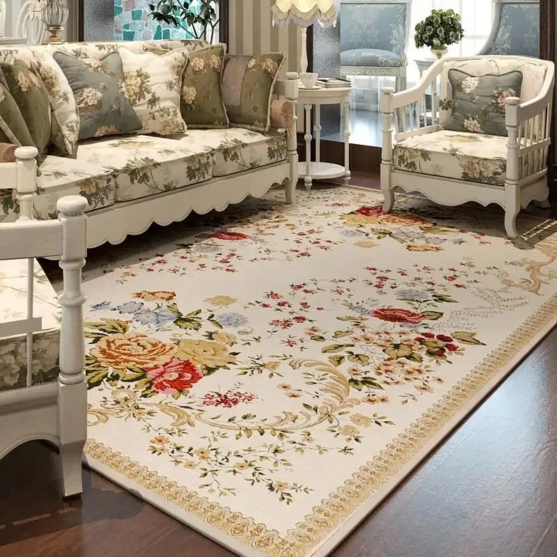 Luxury Pastoral Carpets for Living Room Decoration Retro Flower Bedroom Kitchen Floor Mat Home Sofa Coffee Table Area Decor Rugs