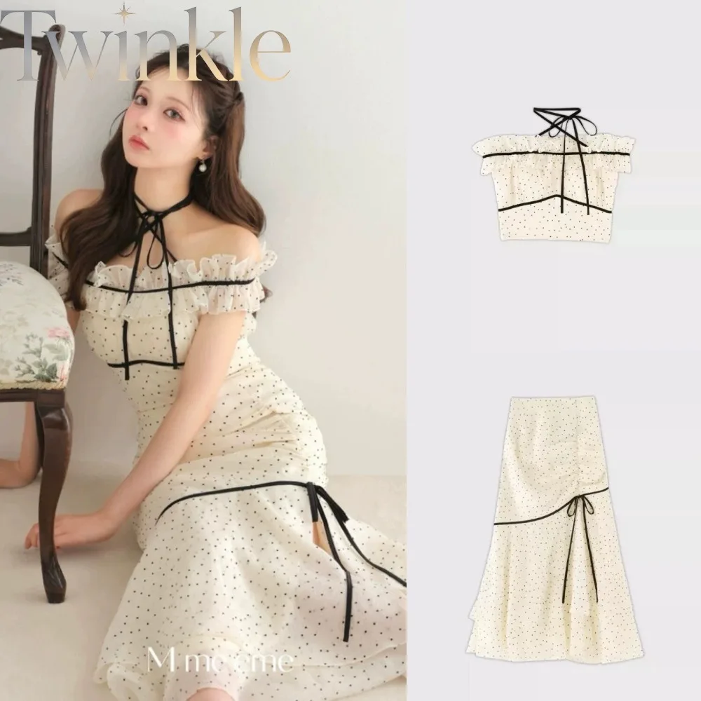 Y2K Polka Dot Two Piece Set Women Off Shoulder Tie Detail Top and Slit Mermaid Skirt Retro Chic Matching Outfit Elegant Fashion