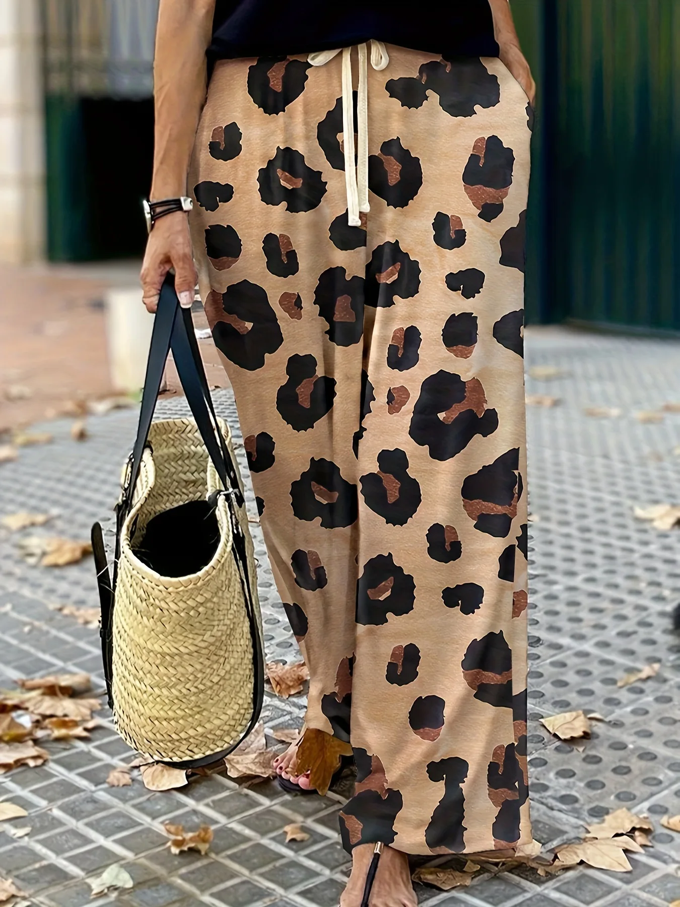 Hot selling new autumn leopard print wide leg pants personalized drawstring high waist casual trousers for women