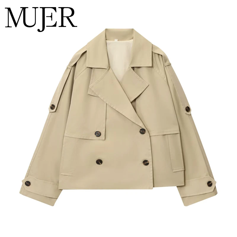MUJER Short Trench Coat Woman Double Breasted Women's Windbreaker Cropped Demi-season Jacket for Women Outerwears Outdoor Coats