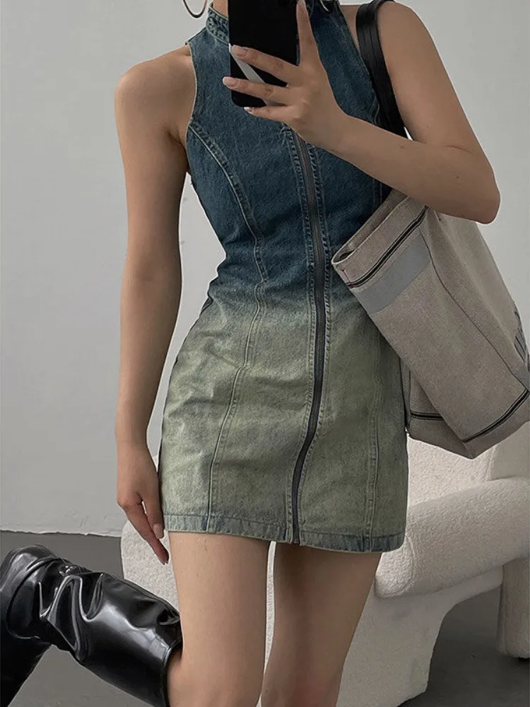 ADAgirl Vintage Blue Gradient Denim Dress Sleeveless Zipper Streetwear Bodycon Dress for Women American Retro Girls Summer Dress