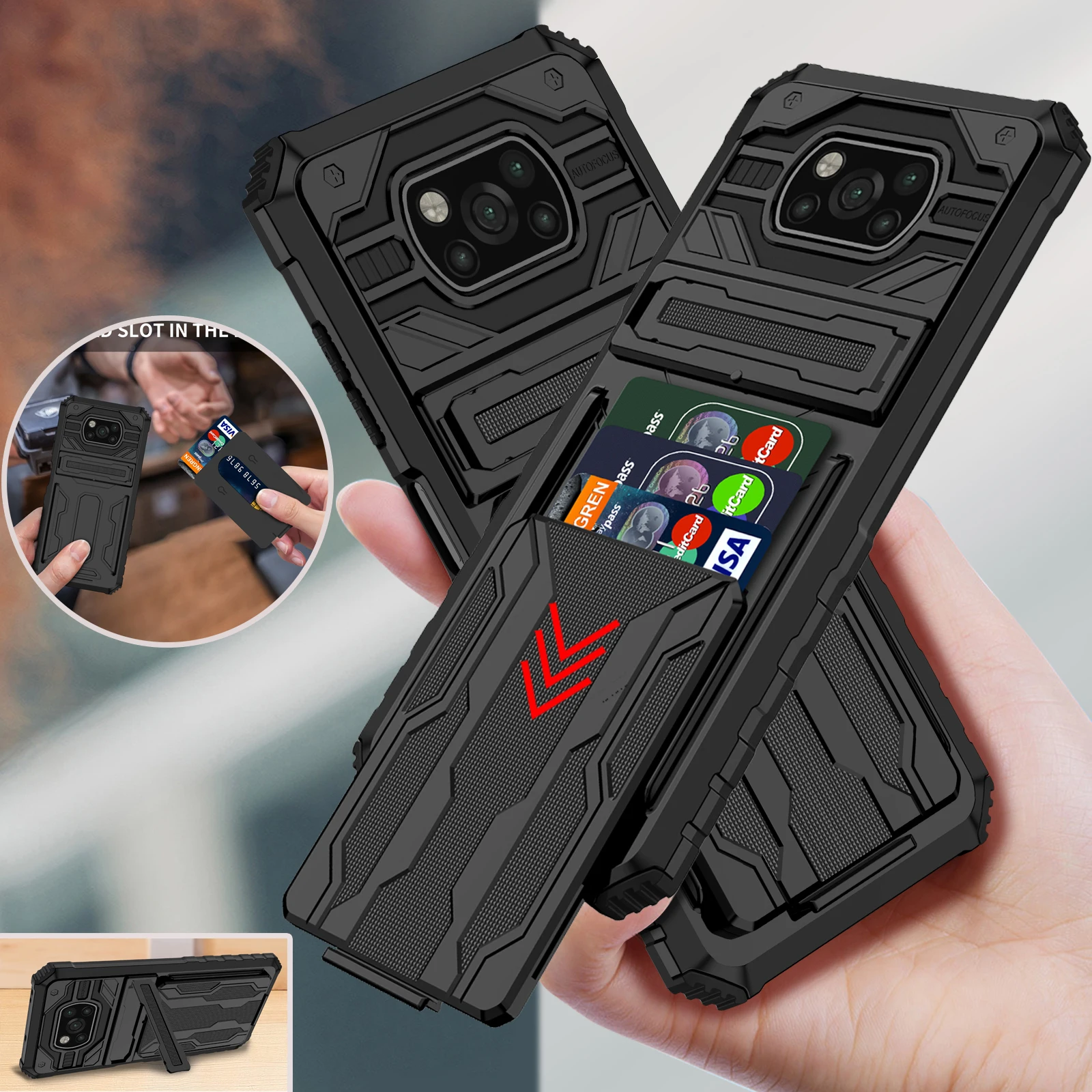 Multifunction Phone Case For Xiaomi Mi POCO M3 X3 Pro NFC Card Slot Military Grade Stand Case Pocophone X3 Wireless Charge Cover