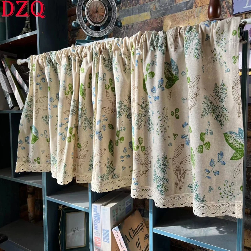 American Style Retro Idyllic Cotton and Linen Curtains for Kitchen Lace Handmade Beige Leaves Curtains for Living Room  #A321
