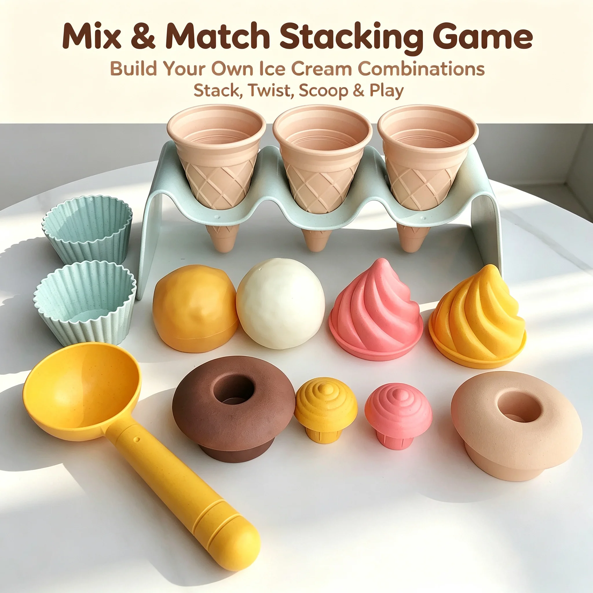 Kids Wheat Straw Ice Cream Beach Toy ,Sand & Clay Mold,Pretend Play House Set, Toddler Sensory Food Play Gift Boys Girlset