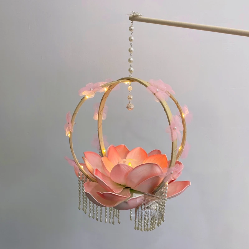 Hanfu Accessories Pink  Portable Lotus Lamp Ancient  Stage Performance Props Flower Basket Wooden Portable New Chinese Style 1Pc