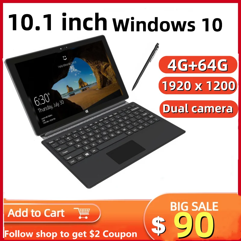 10.1 Inch Y01Tablet PC 64 Bit 4GB RAM 64GB ROM 2-in-1 Windows 10 with Detachable Keyboard 1920 *1200 IPS 6500mAh Dual Camera