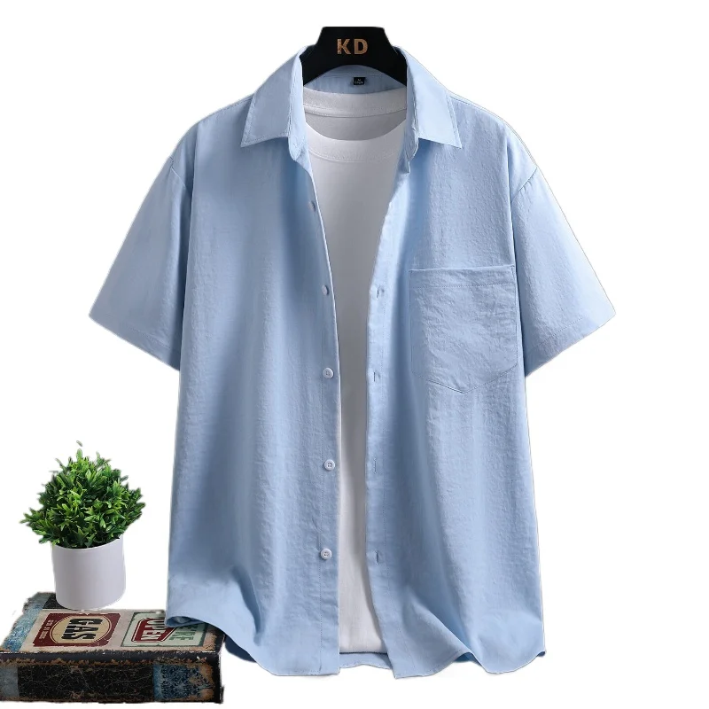 

Летняя трендовая мужская рубашка с короткими рукавами из чистого хлопка, однотонная повседневная рубашка свободного кроя с воротником и короткими рукавами, удобный мужской топ