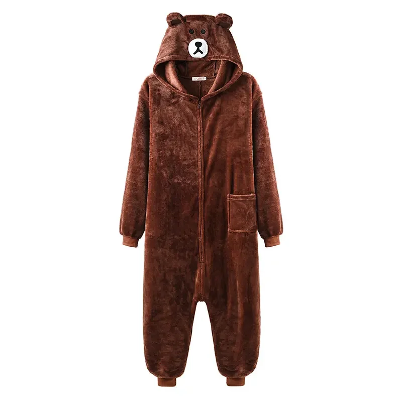 Unisex bear kigurumis zipper animal onesie women men adult couple funny jumpsuit flannel warm soft cartoon winter sleepwear