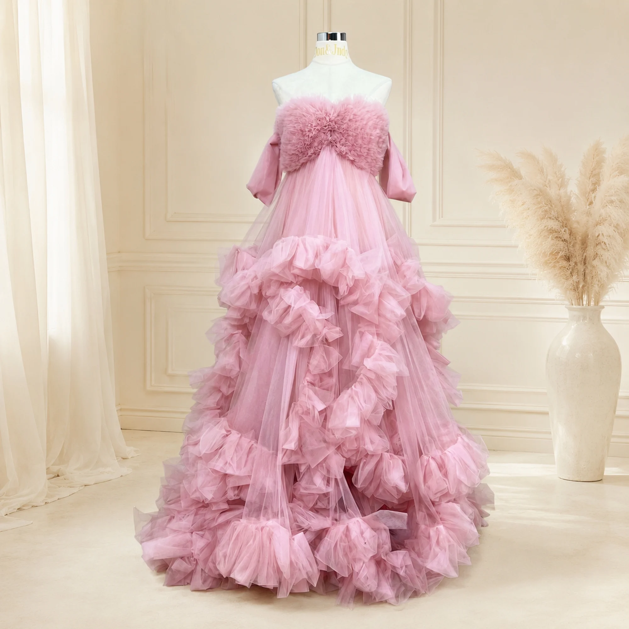 Don&Judy Strapless Sweetheart Neck Maxi Dress with Lace Applique Hem Slit Tulle Evening Gown Elegant Party Dress Maternity