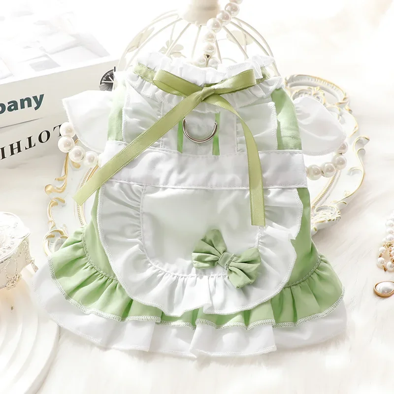 

Новое летнее платье для домашних животных, черное, зеленое, с бантом, кружевное платье принцессы в студенческом стиле, буксирующее платье, одежда для собак L4435