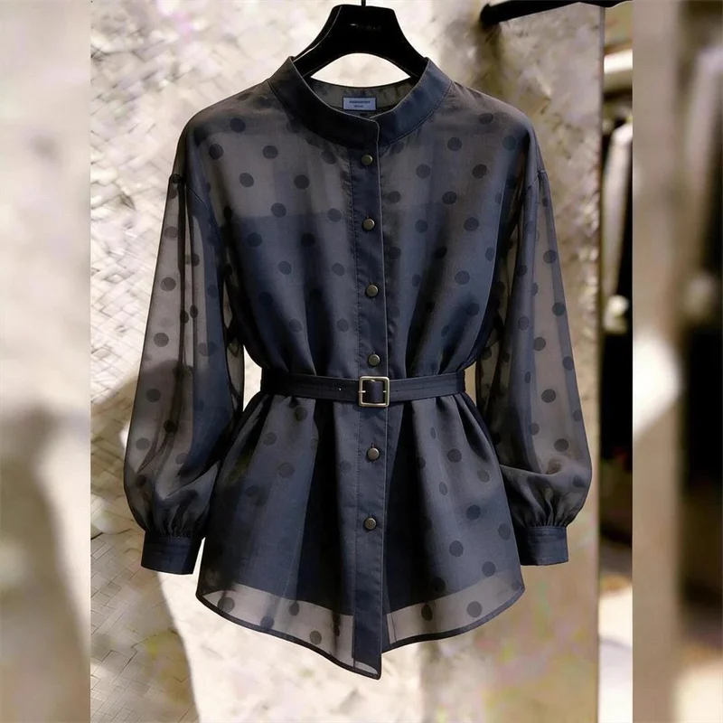 Beautiful Semi Transparent Shirt Women Blouse Design Sense Casual Wave Point Waist Cinching Spring Summer Autumn Temperament Top