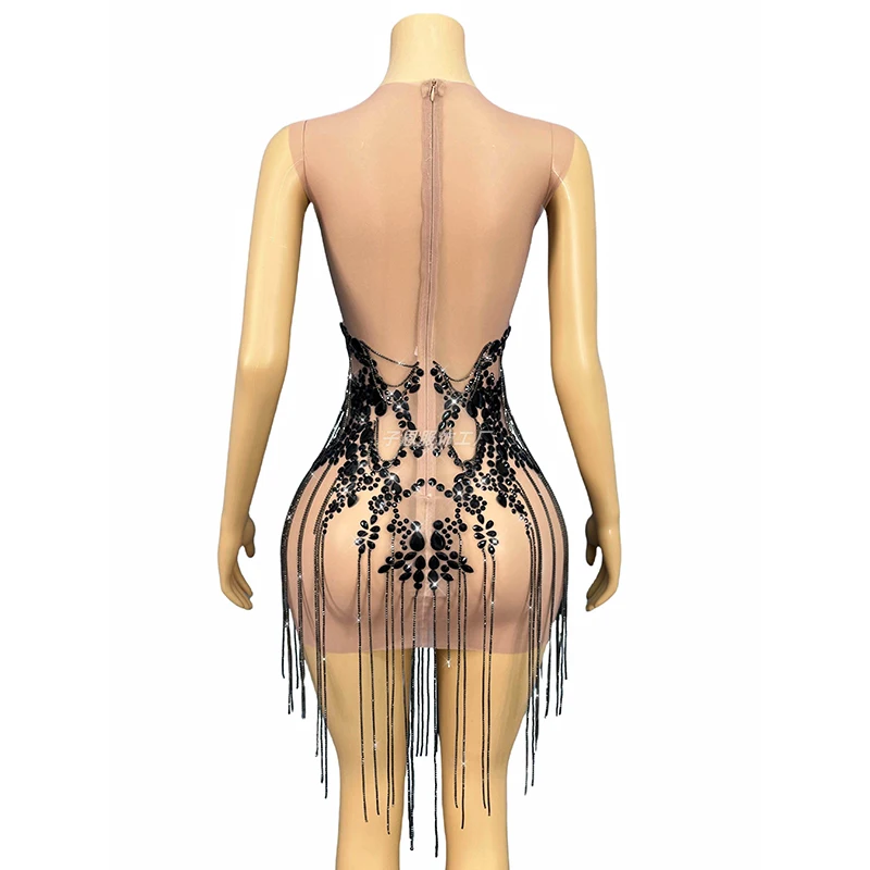 2025 Black Rhinestone Fringe Dress Women Stage Costume Sexy Short Dresses Party Show Rave Outfit Nightclub Ds Gogo Dancewear yk