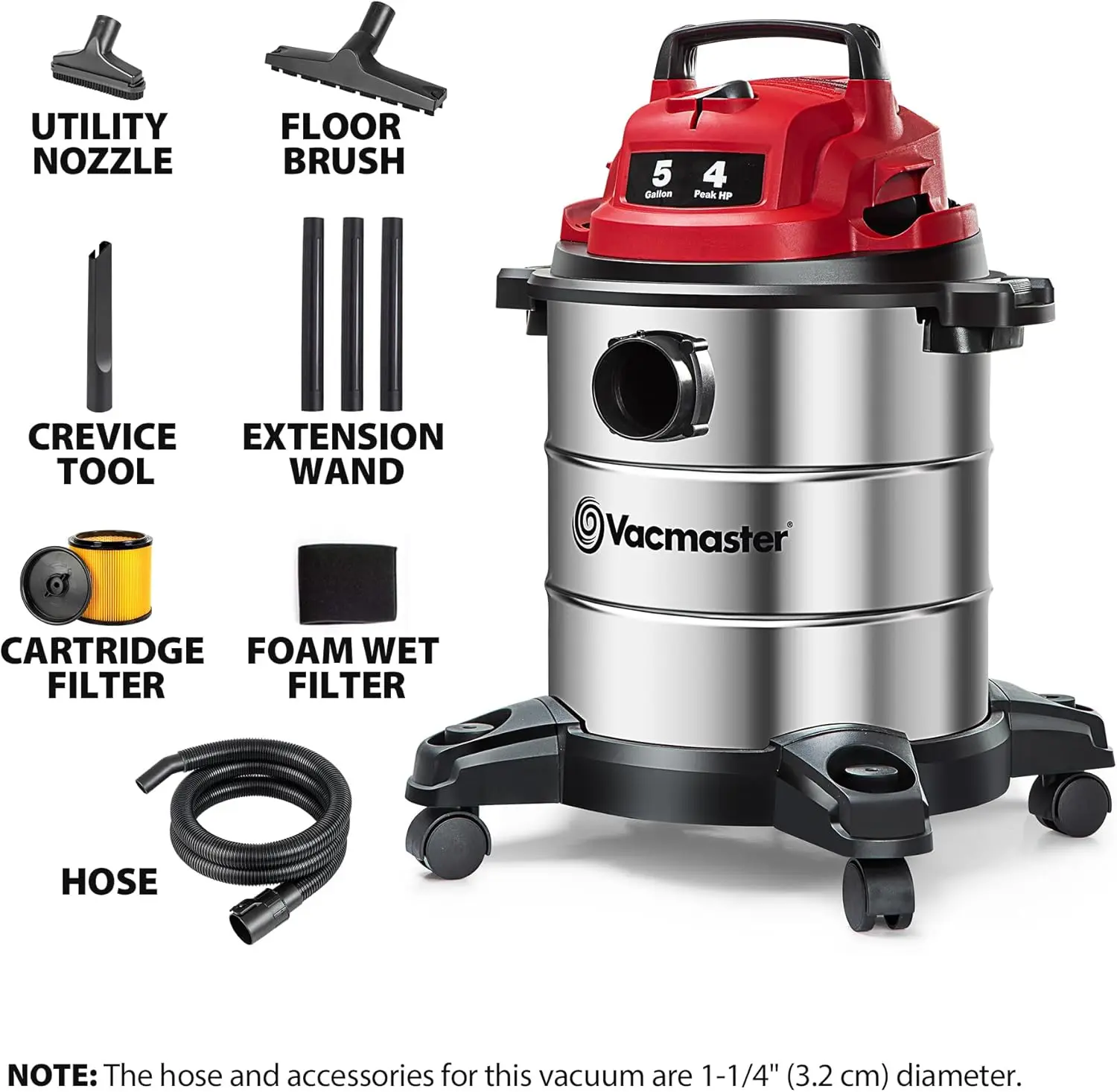 5-Gallon Stainless Steel Wet/Dry Vacuum with 4 HP Motor, 16ft Reach & Blower Function