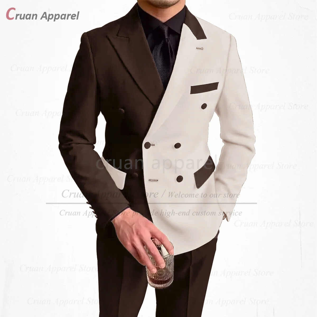 High Quality Suit Sets For Men Formal Banquet Custom Double Breasted Blazer Pants Evening Prom Fashion Beige Splicing Outfits