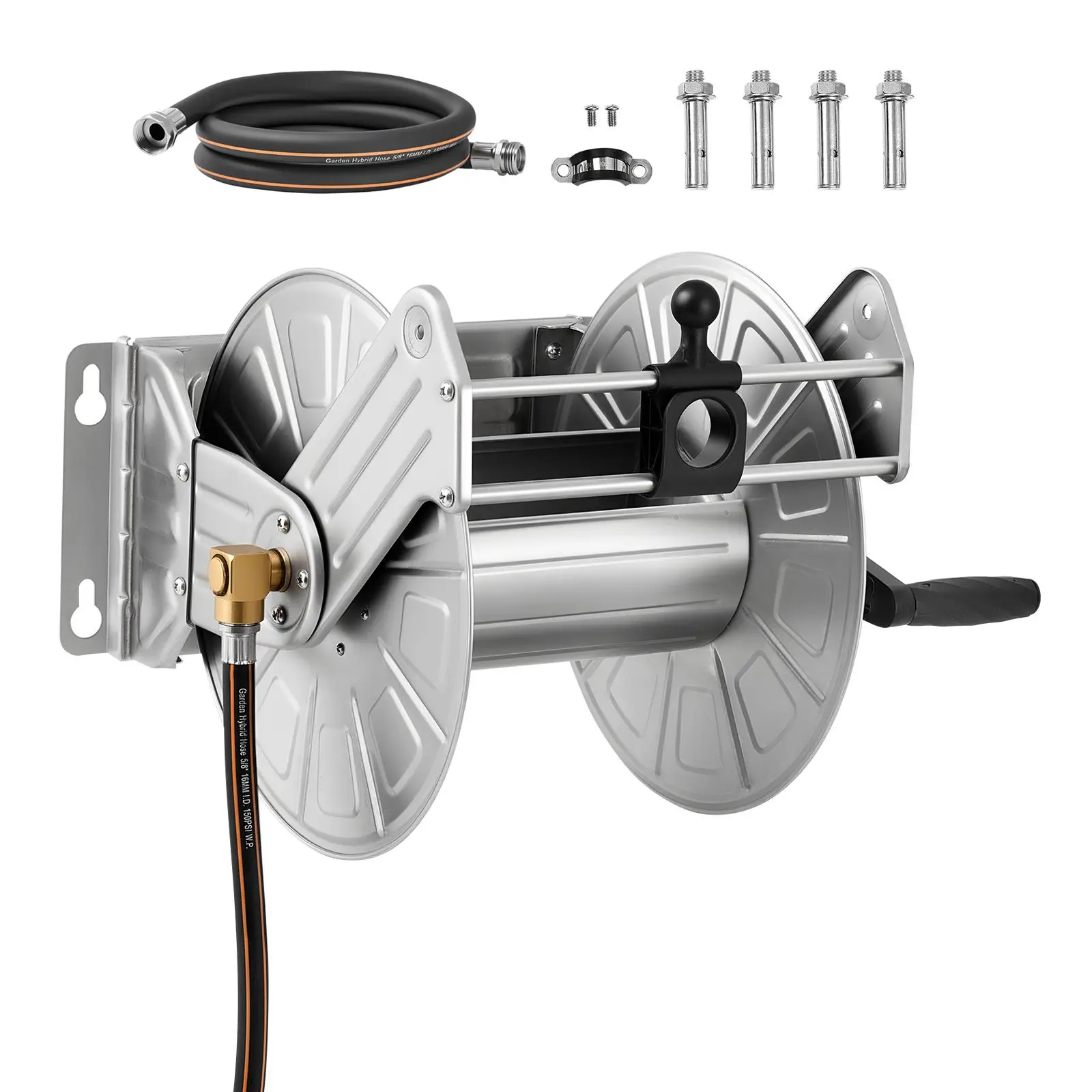 Wall Mounted Garden Hose Reel, Holds 150 ft 5/8-inch Water Hose Winder, Heavy-Duty Stainless Steel, Outdoor Manual Reel with Brass Fitting & Hose Guide, Space Saving, for Yard Lawn Garage