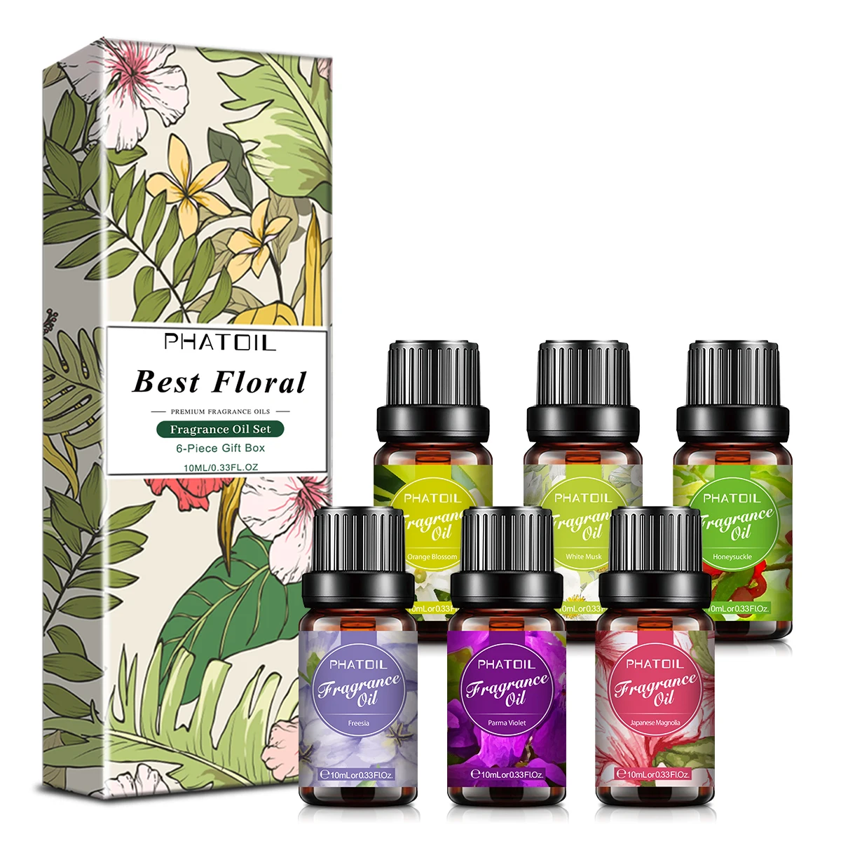 PHATOIL 6pcs Floral Series Fragrance Oil Set -10ml White Musk Honeysuckle Orange Blossom Freesia Parma Violet Japanese Magnolia