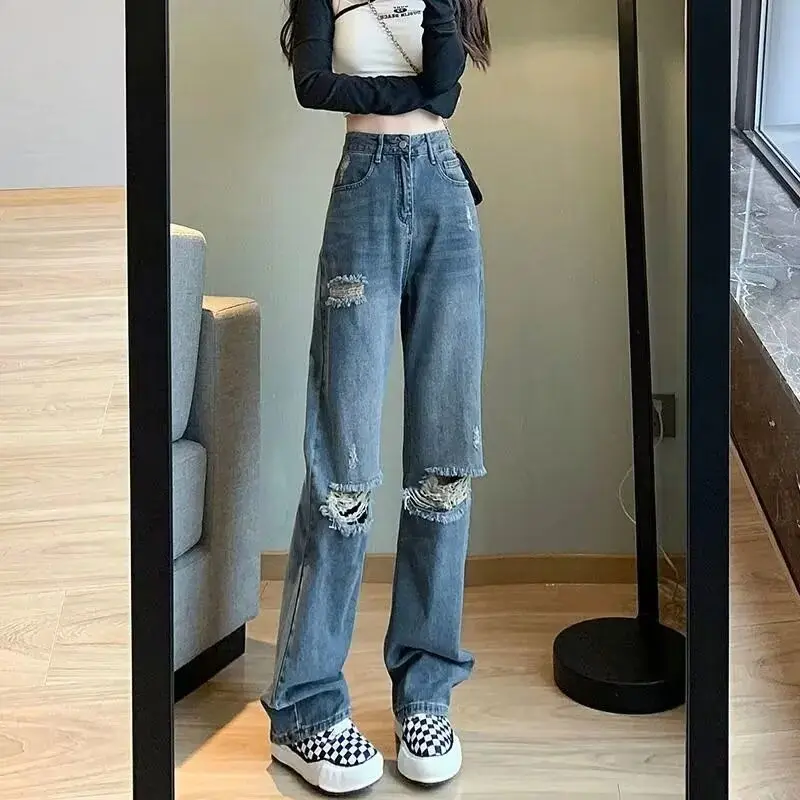 

Женские джинсы с высокой талией и широкими штанинами, прямые, весенне-осенние, свободные, удлиненные, с модным дизайном и прорезями