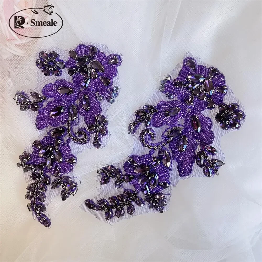 1Pair Handsewn Glass Drill Mirror Flowers Sparkling Rhinestone Flowers Coats Waistbands Shoulders Wedding Dress DIY Patch RS4898