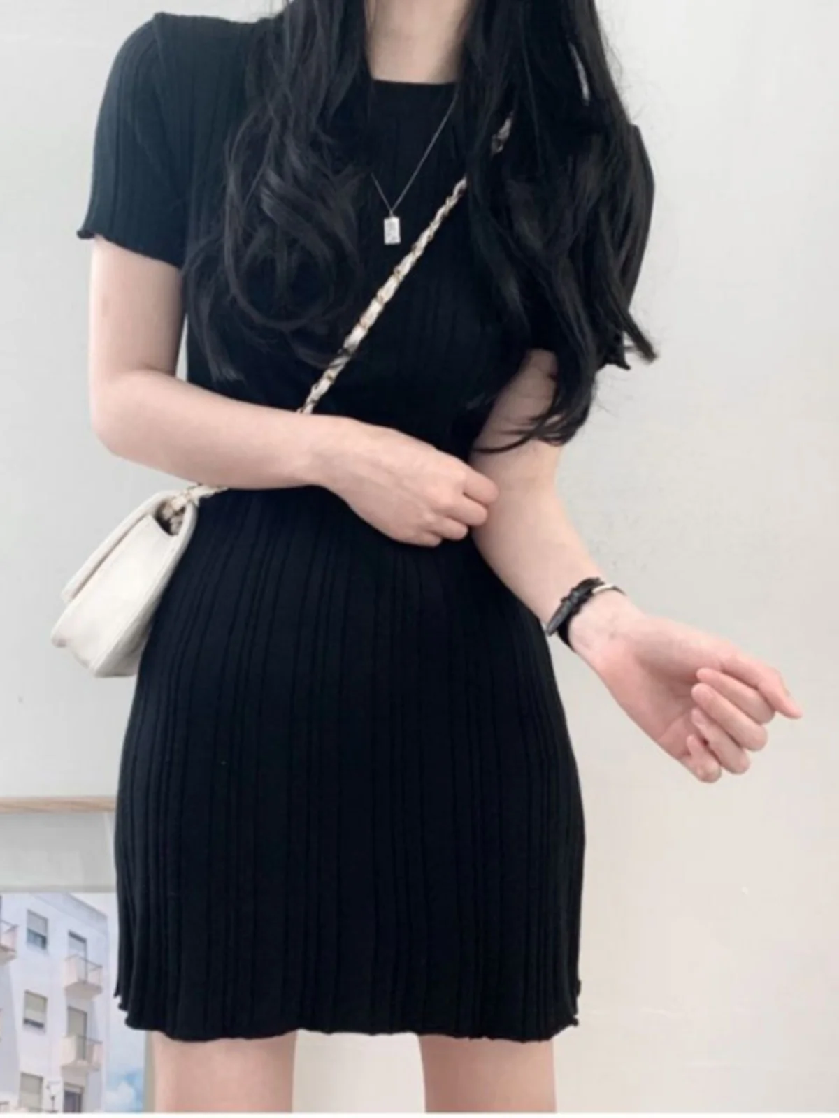 Chic lavorato a maglia A-Line Midi Dr ort Sve round Ne Summer New Sle per le donne Pendolari Sle Versione coreana Slim Fit Bodycon