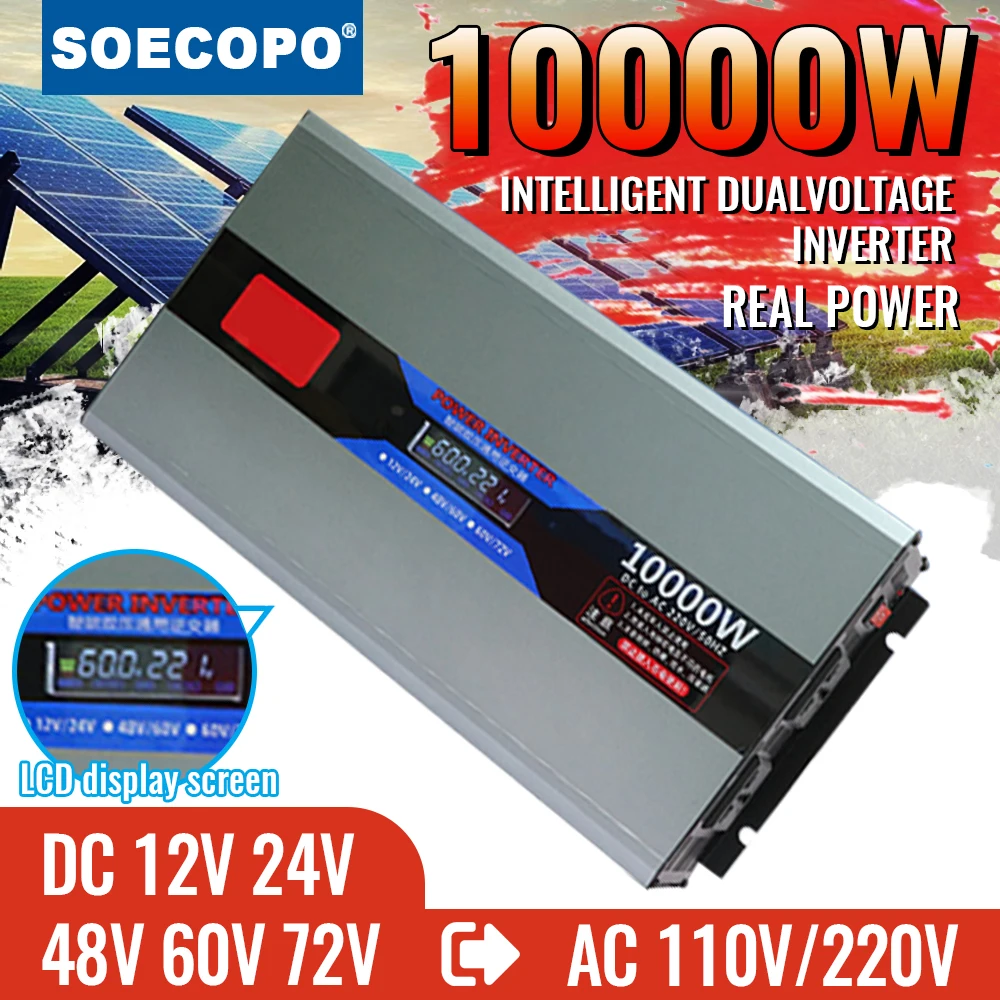 High-Power Inverter 10000W Peak Smart Dual Voltage LCD Display Multi-Protection Compatible with 12V/24V/48V/60V/72V Input