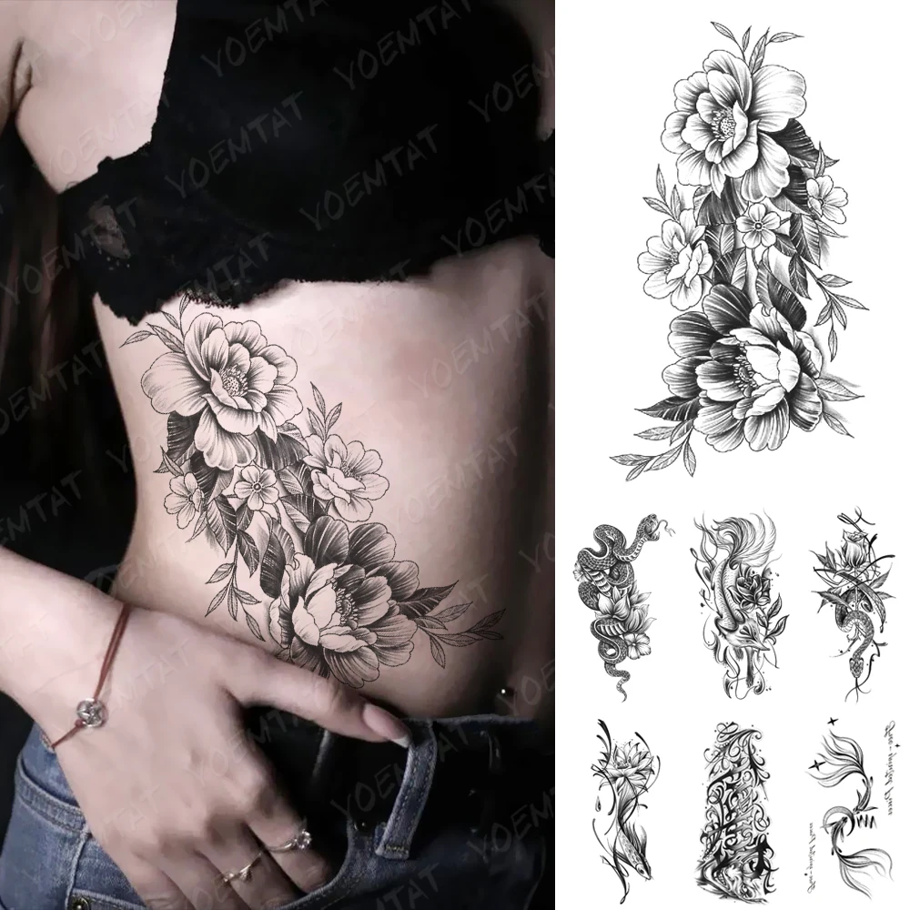 

Waterproof Temporary Tattoo Sticker Black Sexy Flower Peony Rose Women Arm Sleeve Waist Tattoos Transfer Fake Tatoo Body Art Men