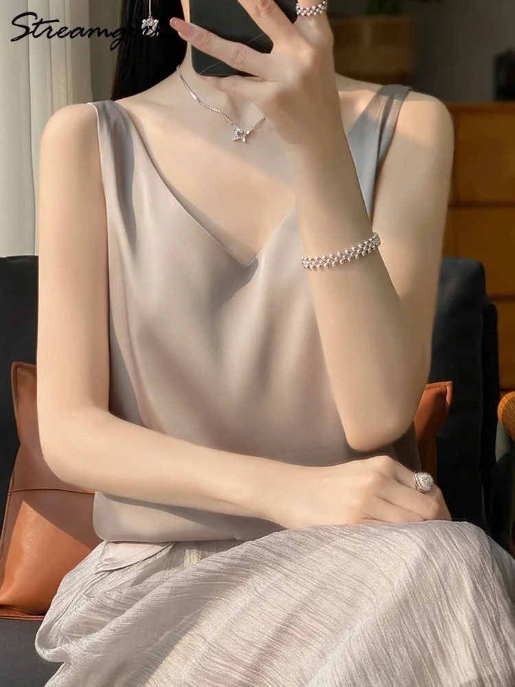 Streamgirl Summer Satin Camisole Women Tops With Straps White Elegant Sleeveless Sexy Satin Tops Silk Camis And Tanks For Women