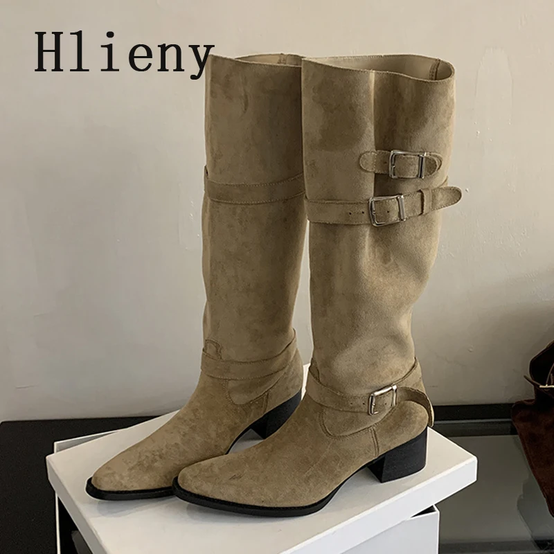 Hlieny 2025 Winter Belt Buckle Pointed Toe Women Knee-High Boots Fashion Vintage Square Low Heels Ladies Shoes Zapatos De Mujer