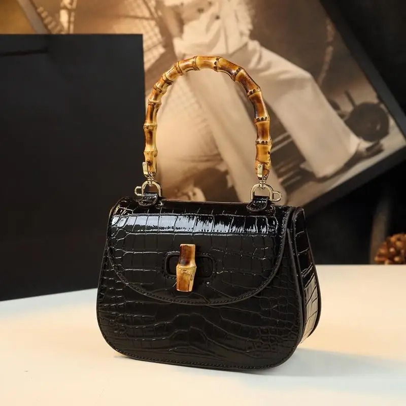 Crocodile Pattern 2023 New Niche Crossbody Bag, Leather Saddle Bag Versatile Bamboo Knot Handle One Shoulder Women Bag For Women