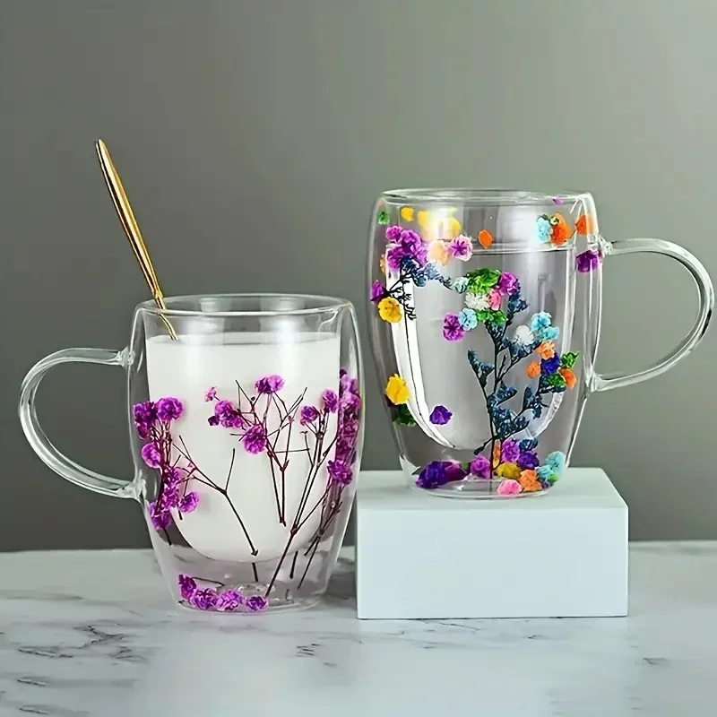 Double Layered Dried Flower Glass Cup Creative Pattern Mugs High Borosilicate Insulated Cup Kitchen Drinkware Home Accessories