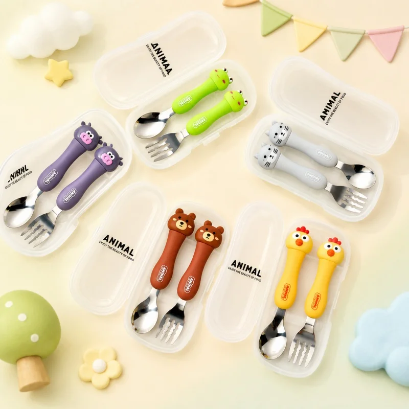 Cute Animal Kids Spoon and Fork Set Stainless Steel Baby Toddler Cutlery Portable Children Dinner Utensils with Storage Box