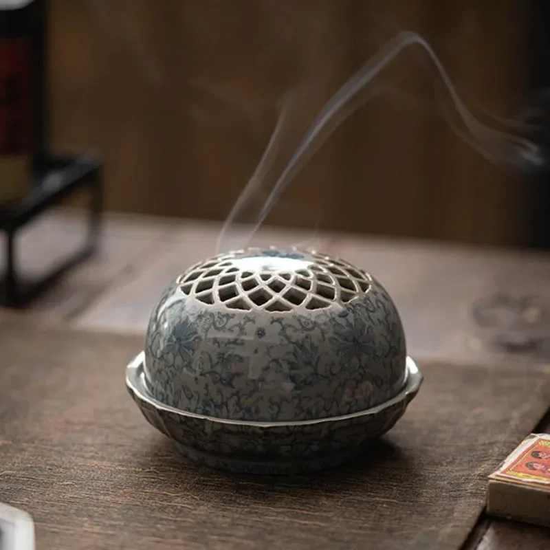 Celadon Floral Pattern Aroma Incense Holder Coil Incense Burner Ceramic Underglazed Crafts Tea House Home Decor