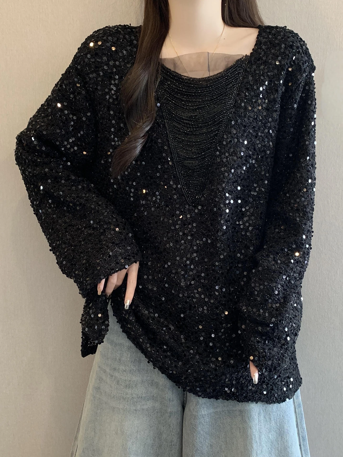 

Glittering Beaded Heavy Work Shirt for Women Spring Season plus Size Slimming Concealing Design Unique Top Korean Style Loose...
