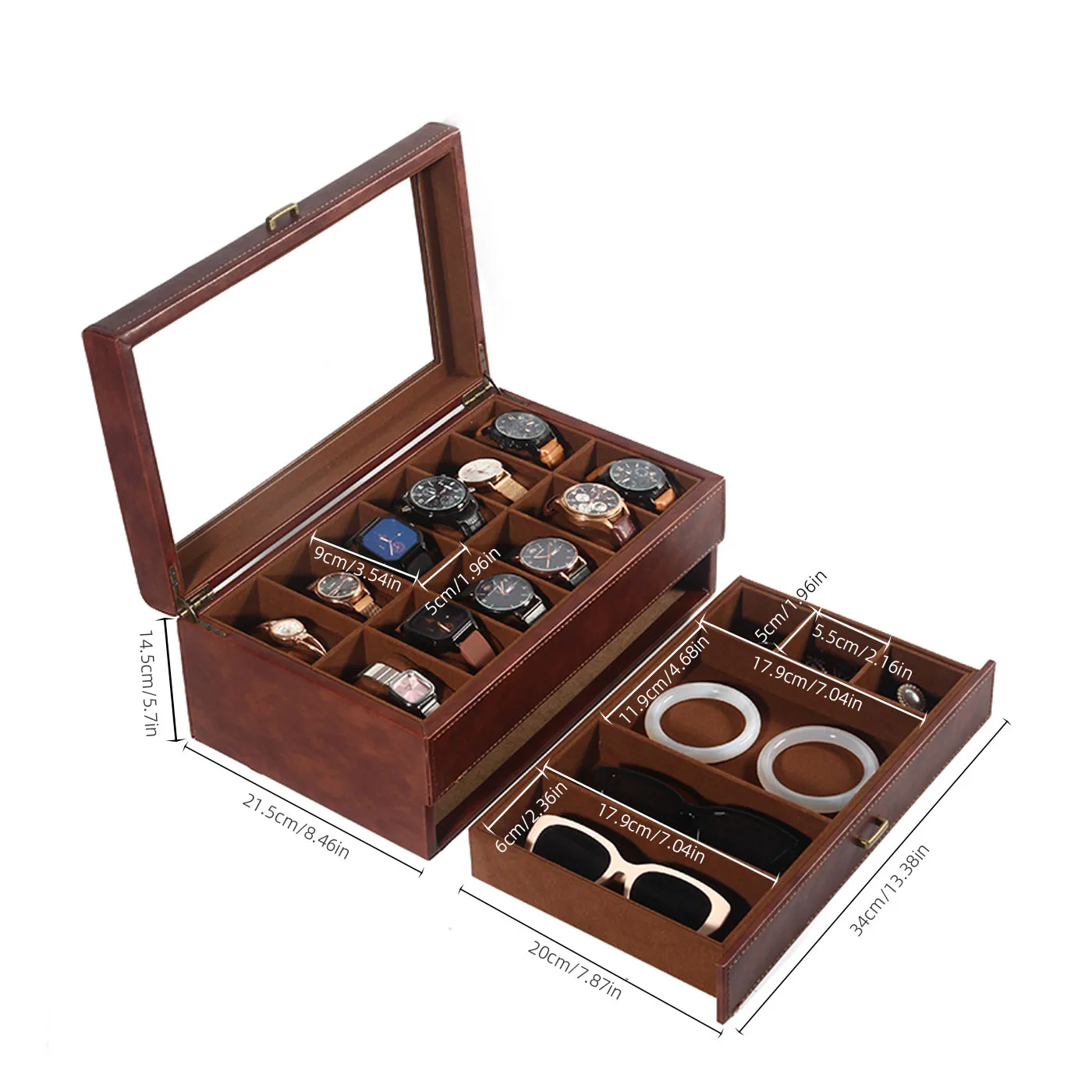 Retro Leather 12-Position Display Watch Storage Box Eyeglasses Case Sunglasses Jewelry Organizer Ring Earring Necklace Brace Cas
