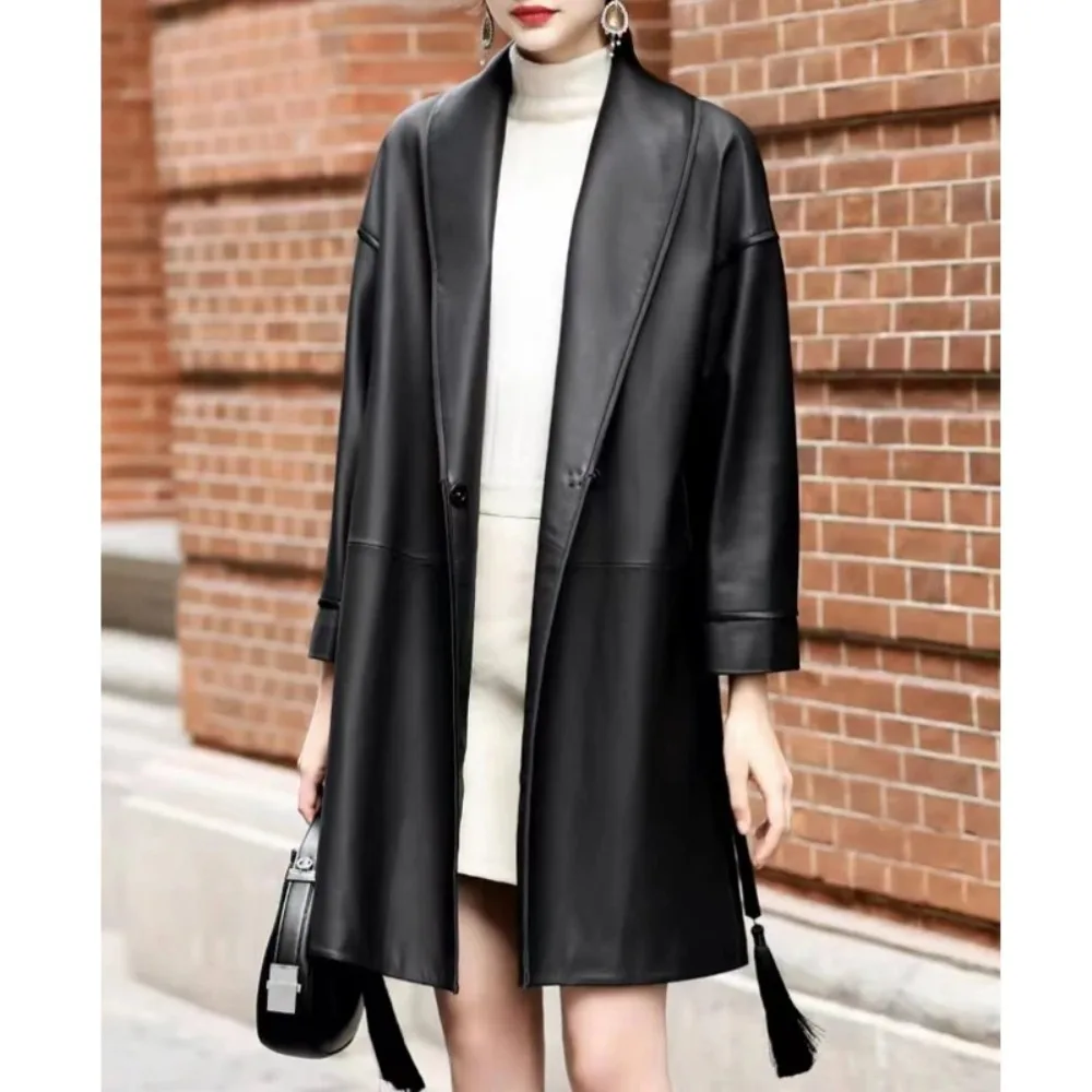 2025 Autumn V-neck Genuine Leather Mid Length Trench Women Fashion Lace-up Belt Ladies Black Sheepskin Trench Coats