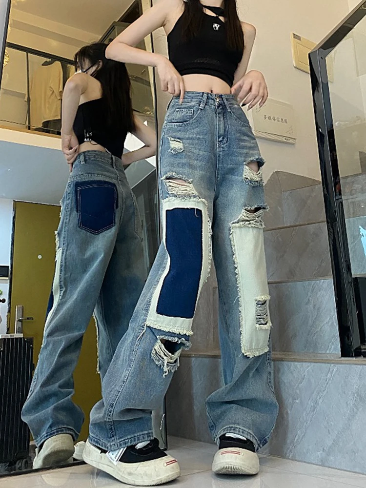 

Women Blue Ripped Jeans Y2k Vintage Oversize Cowboy Pants Harajuku High Waist Denim Trousers 90s Aesthetic 2000s Trashy Clothes