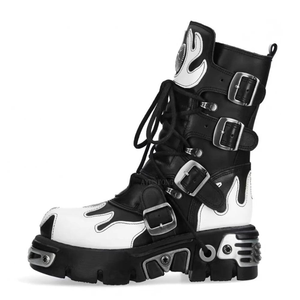 Fashion New Men's Flame Metal Goth Skull Punk Motorcycle Boots Platform Mid-Calf Rock Round Toe Zip Women Western Riding Boots
