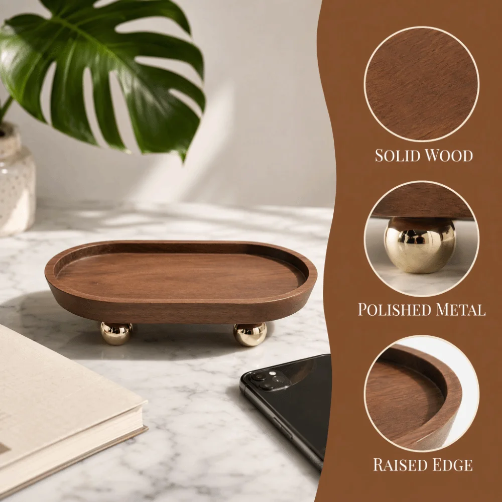 Wooden Wood Storage Tray Oval Solid Wood Tray Two Tone Wood Storage Tray Entryway Key Storage Tray Metal Ball Foot Wooden Tray
