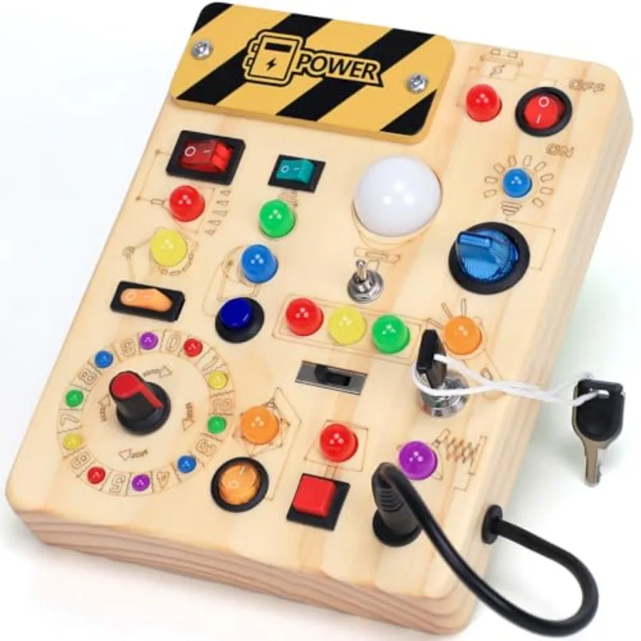 

Busy Board with LED Light Switches, Montessori Toys for 1 2 3 Years Old, Toddlers Wooden Toy Sensory Activity Board, Travel Toy