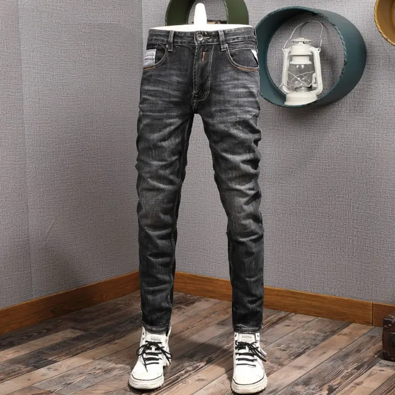 Italian Style Fashion Men Jeans High Quality Retro Black Gray Stretch Slim Fit Ripped Jeans Men Vintage Designer Denim Pants