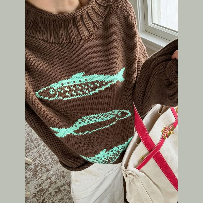 Damenpullover mit Fischmuster, gestrickter Pullover, Herbstmode, Rollkragenpullover, langärmelig, mit Paneelen, Oversize-Strickware, schick, neues Party-Outfit. – Detail 8