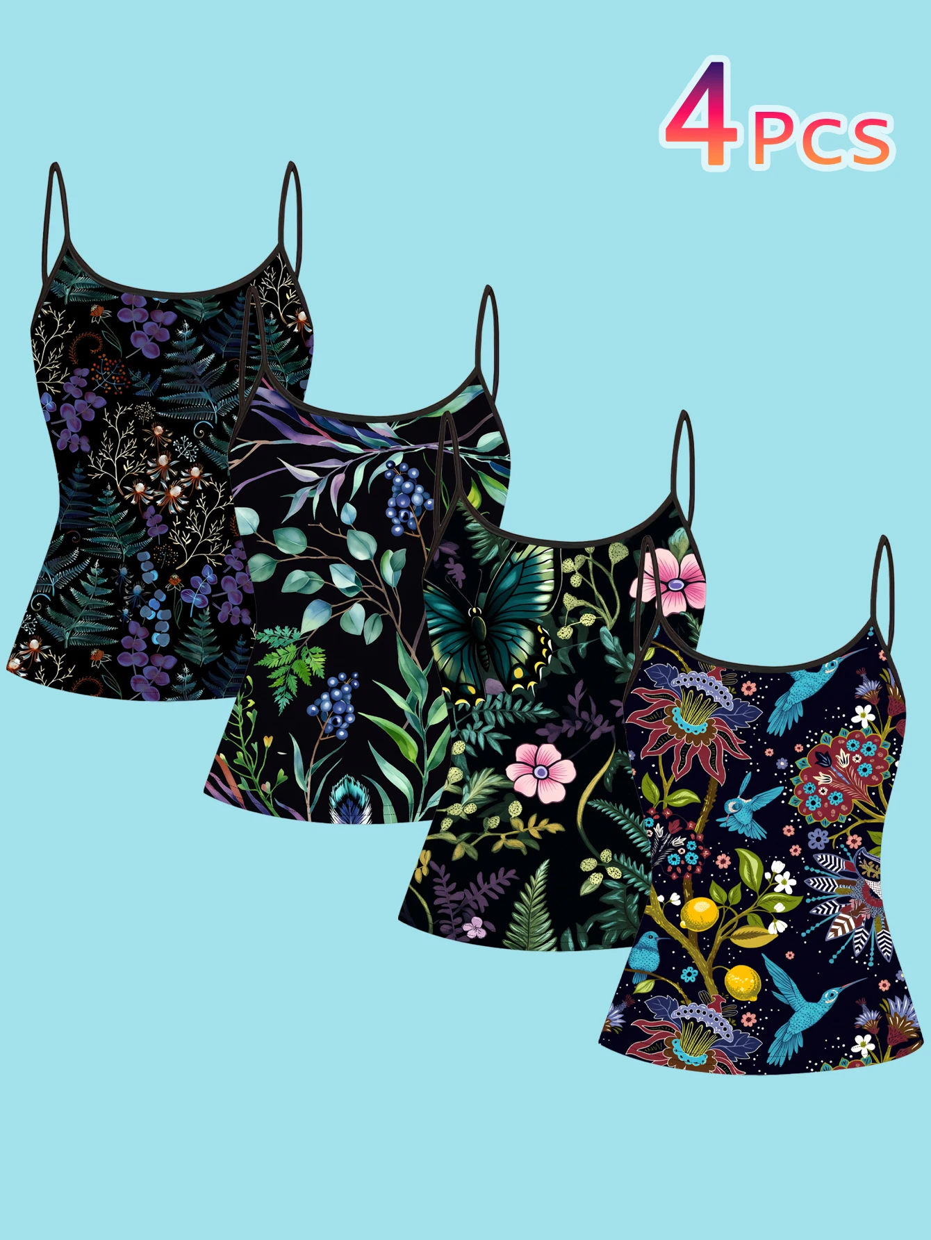 4-Piece Set of Plant-Themed Camisoles, Dark Forest Style Slim-Fit Camisoles, Versatile Inner Wear Base Tops