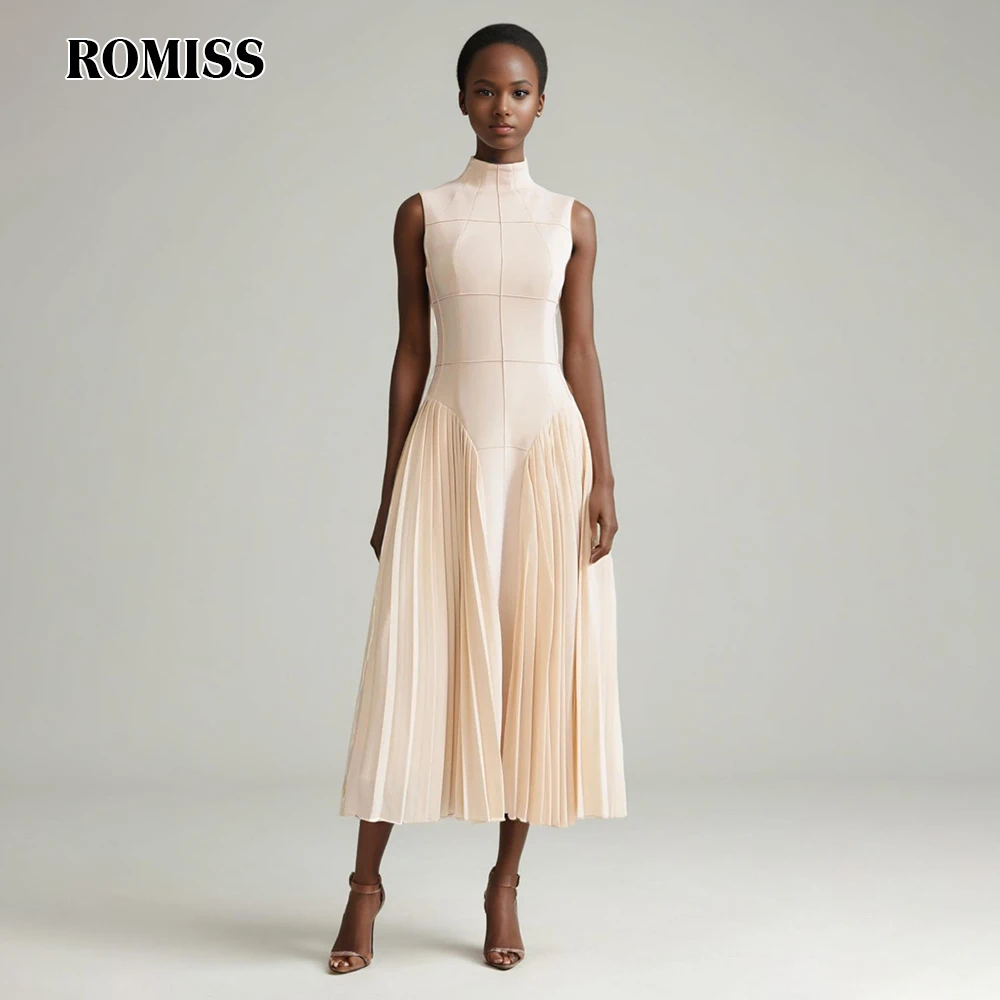 

ROMISS Minimalist Patchwork Folds Dresses For Women Stand Collar Sleeveless High Waist Spliced Zipper Casual Slim Dress Female