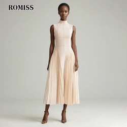 ROMISS Minimalist Patchwork Folds Dresses For Women Stand Collar Sleeveless High Waist Spliced Zipper Casual Slim Dress Female