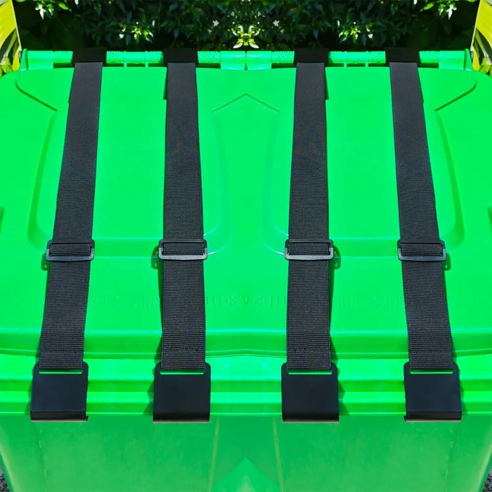 

4-Pack Double-Claw Trash Bin Locks - Bungee Cord for Outdoor Protection Against Raccoons - Black Hooks