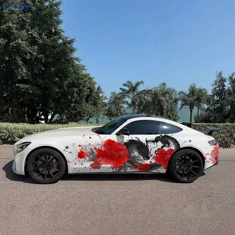 2pcs Hand-drawn Ink Dragon Peony, Durable, Fade-resistant, Enhance Vehicle Aesthetics With Bold Artistic Design Car Vinyl Wraps