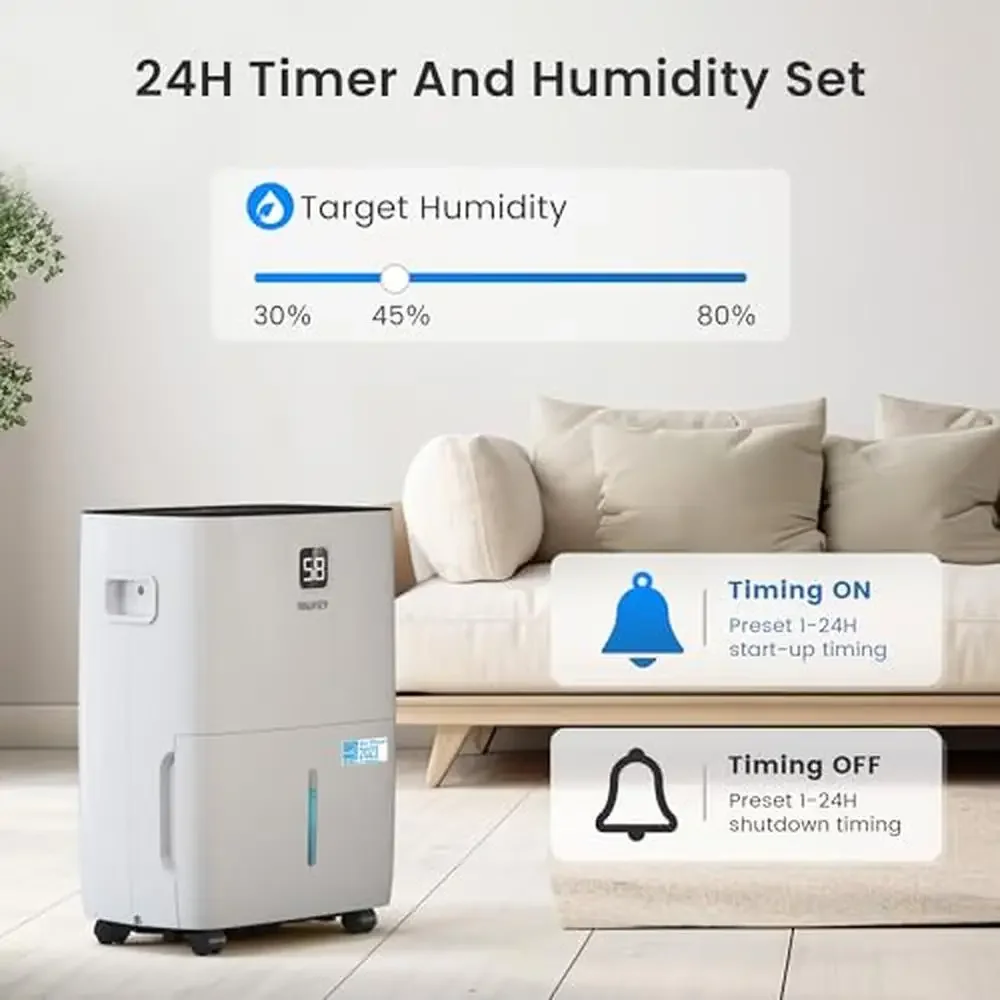 Energy Star 80 Pints مزيل الرطوبة الذكي للطابق السفلي المنزلي 5000 مربع. تتضمن خرطوم تصريف تغطية قدم 3 إعدادات لسرعة الرياح الذكية